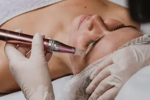 Manos enguantadas realizan microneedling capilar en la frente de una mujer. El dispositivo de microneedling tiene un cabezal con agujas finas.