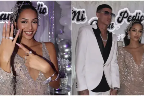 Alana, la hija del jeque, luce deslumbrante con joyas y un vestido brillante. A su lado, un hombre elegante con traje blanco.