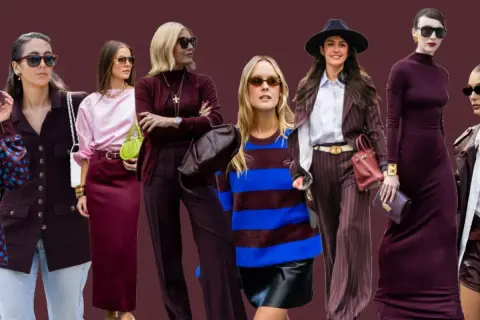 Modelos lucen atuendos elegantes en tonos **color burdeos**, desde trajes de raya diplomática hasta vestidos largos y faldas.