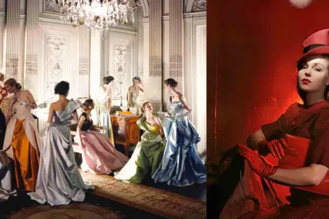 Cecil Beaton captura la elegancia de mujeres con vestidos de gala en un salón y un retrato en rojo vibrante.