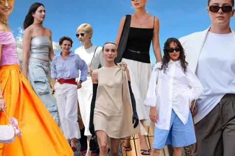 Modelos lucen un elegante outfit verano con faldas vibrantes, pantalones cargo y vestidos vaporosos.