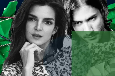 Clara Lago y su pareja, en un montaje artístico con detalles verdes y joyas.