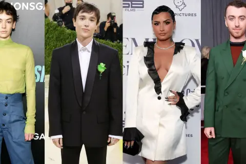 Cuatro famosos no binarios: una persona con un top verde y pantalones azules, Elliot Page con esmoquin, Demi Lovato con un traje blanco y Sam Smith con traje verde.