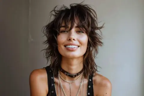 Mujer con un moderno corte mullet, flequillo desordenado y sonrisa radiante.