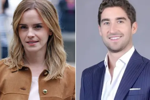 Emma Watson y su pareja, Brandon Green, sonríen en esta imagen dividida.