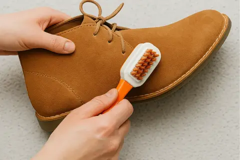 Manos cepillando un zapato de ante marrón. Guía para como limpiar zapatos de ante y mantenerlos como nuevos.