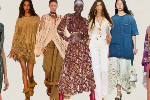 Modelos lucen atuendos con flecos, lentejuelas y encajes, evocando un estilo boho chic.