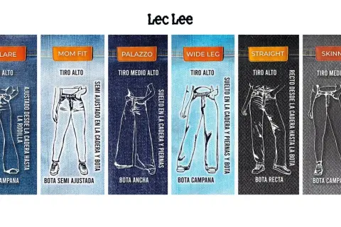Ilustraciones de varios tipos de pantalones: flare, mom fit, palazzo, wide leg, straight y skinny. Guía de estilos de pantalones.