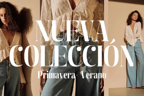 Modelos lucen la moda primavera verano 2026: blusas de encaje y pantalones vaqueros anchos.