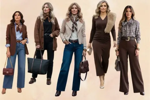 Cinco mujeres lucen atuendos elegantes donde el marrón y negro combinan a la perfección.