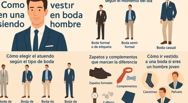 Guía de outfit boda hombre: cómo vestir según el tipo de evento, hora y estilo. Incluye trajes, zapatos y complementos.
