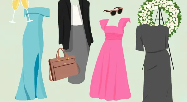 Ideas de vestidos: un vestido azul largo, un traje de chaqueta gris, un vestido rosa y un vestido negro junto a una corona de flores.