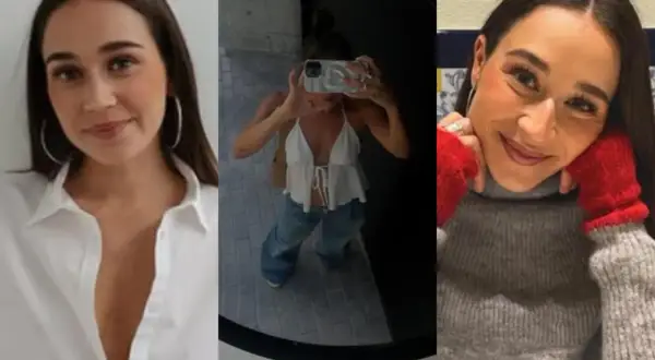 Olga Ríos en tres momentos: sonriendo con camisa blanca, selfie en espejo con top blanco y jeans, y con suéter gris y guantes rojos.