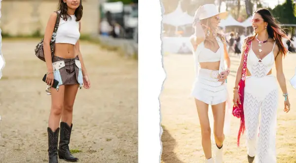 Chicas disfrutan del look festival verano con botas vaqueras y atuendos blancos.