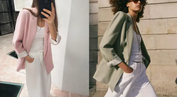 Dos modelos lucen blazers y pantalones blancos, un look casual perfecto para cualquier ocasión.
