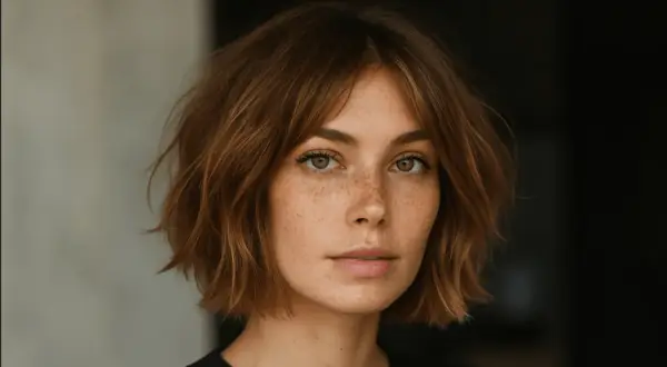 Mujer con pecas y un corte de pelo estilo "italian bob" despeinado, con tonos castaños.