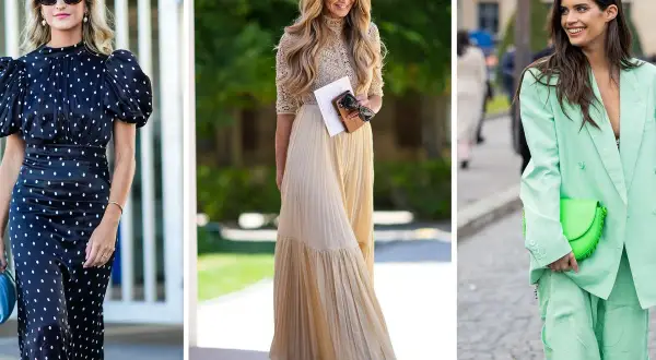 Tres mujeres lucen elegantes. La primera, un vestido de lunares. La segunda, un conjunto beige. La tercera, un traje verde menta. Inspiración para un outfit bautizo.