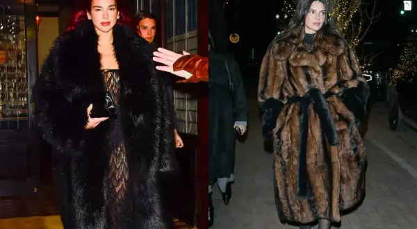 Dua Lipa y Kendall Jenner, con abrigos de pelo que evocan a una mob wife, salen de un evento.