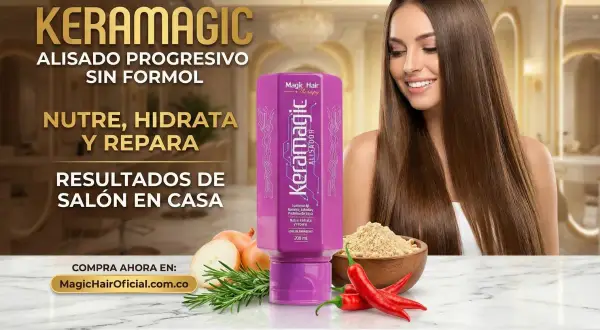 Mujer con cabello liso y brillante, producto Keramagic alisado keratina. Nutre, hidrata y repara para resultados de salón en casa.