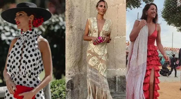 Tres mujeres con vestidos elegantes, listas para ir a la feria sin traje de flamenca.