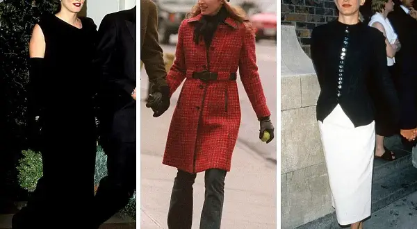 Carolyn Bessette-Kennedy luce elegante en tres atuendos: uno negro, uno rojo y otro blanco y negro.