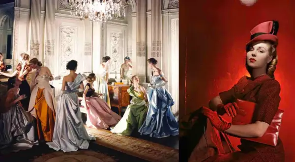 Cecil Beaton captura la elegancia de mujeres con vestidos de gala en un salón y un retrato en rojo vibrante.