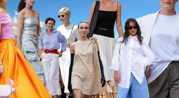 Modelos lucen un elegante outfit verano con faldas vibrantes, pantalones cargo y vestidos vaporosos.
