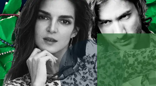 Clara Lago y su pareja, en un montaje artístico con detalles verdes y joyas.