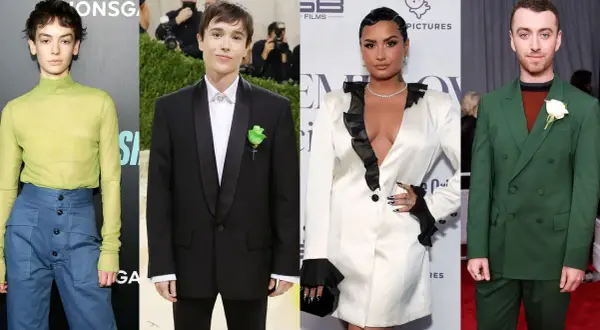 Cuatro famosos no binarios: una persona con un top verde y pantalones azules, Elliot Page con esmoquin, Demi Lovato con un traje blanco y Sam Smith con traje verde.