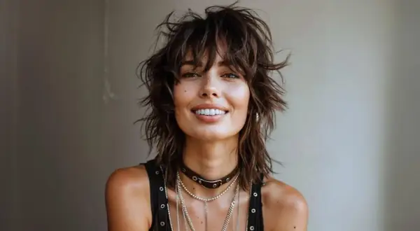 Mujer con un moderno corte mullet, flequillo desordenado y sonrisa radiante.