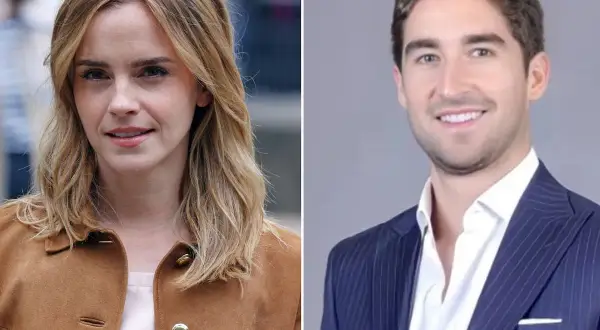 Emma Watson y su pareja, Brandon Green, sonríen en esta imagen dividida.