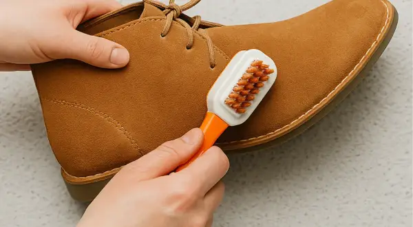 Manos cepillando un zapato de ante marrón. Guía para como limpiar zapatos de ante y mantenerlos como nuevos.
