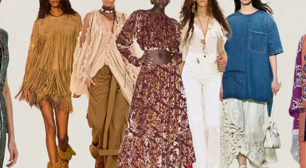 Modelos lucen atuendos con flecos, lentejuelas y encajes, evocando un estilo boho chic.