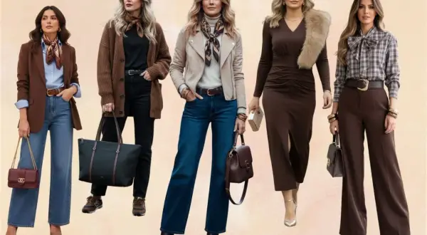 Cinco mujeres lucen atuendos elegantes donde el marrón y negro combinan a la perfección.