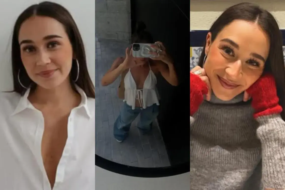 Olga Ríos en tres momentos: sonriendo con camisa blanca, selfie en espejo con top blanco y jeans, y con suéter gris y guantes rojos.