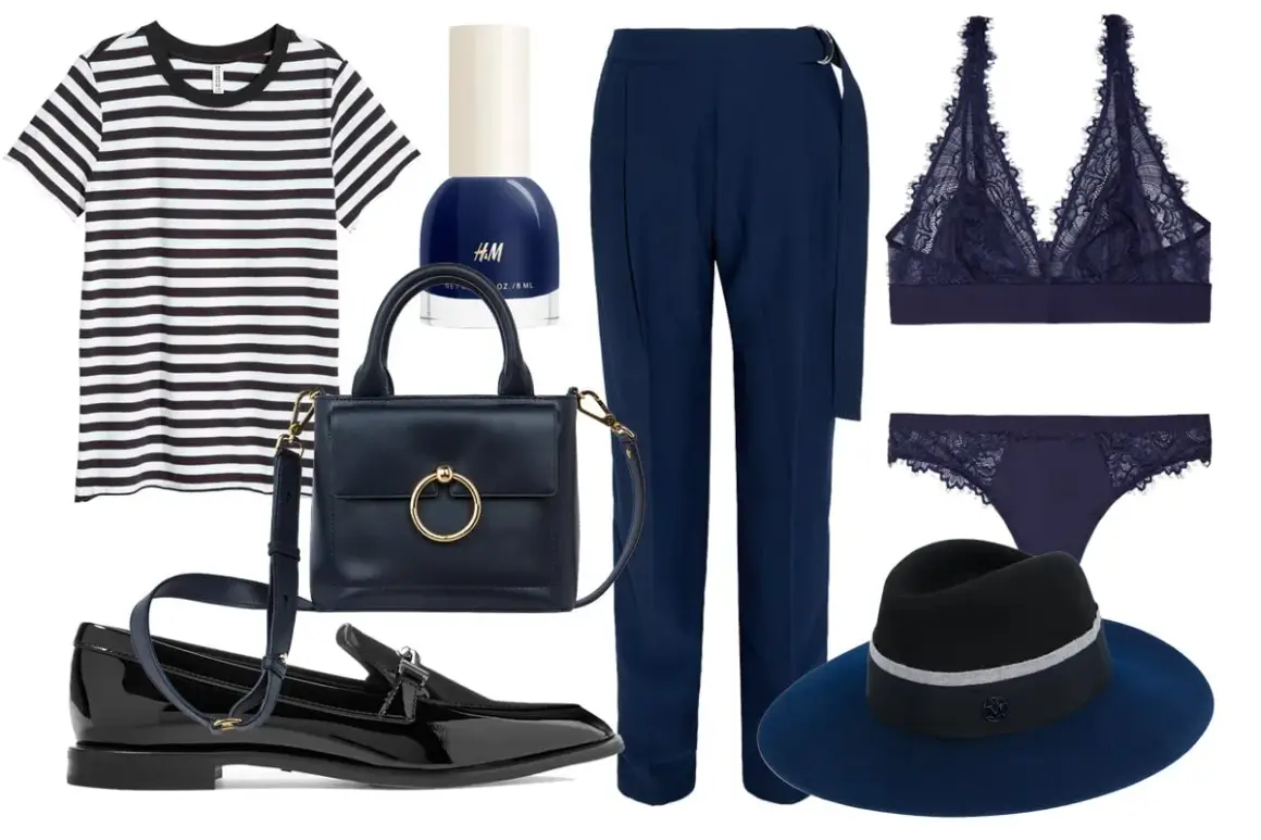 Conjunto elegante en azul marino y negro: camiseta a rayas, pantalón de vestir, bolso, zapatos, lencería y sombrero.
