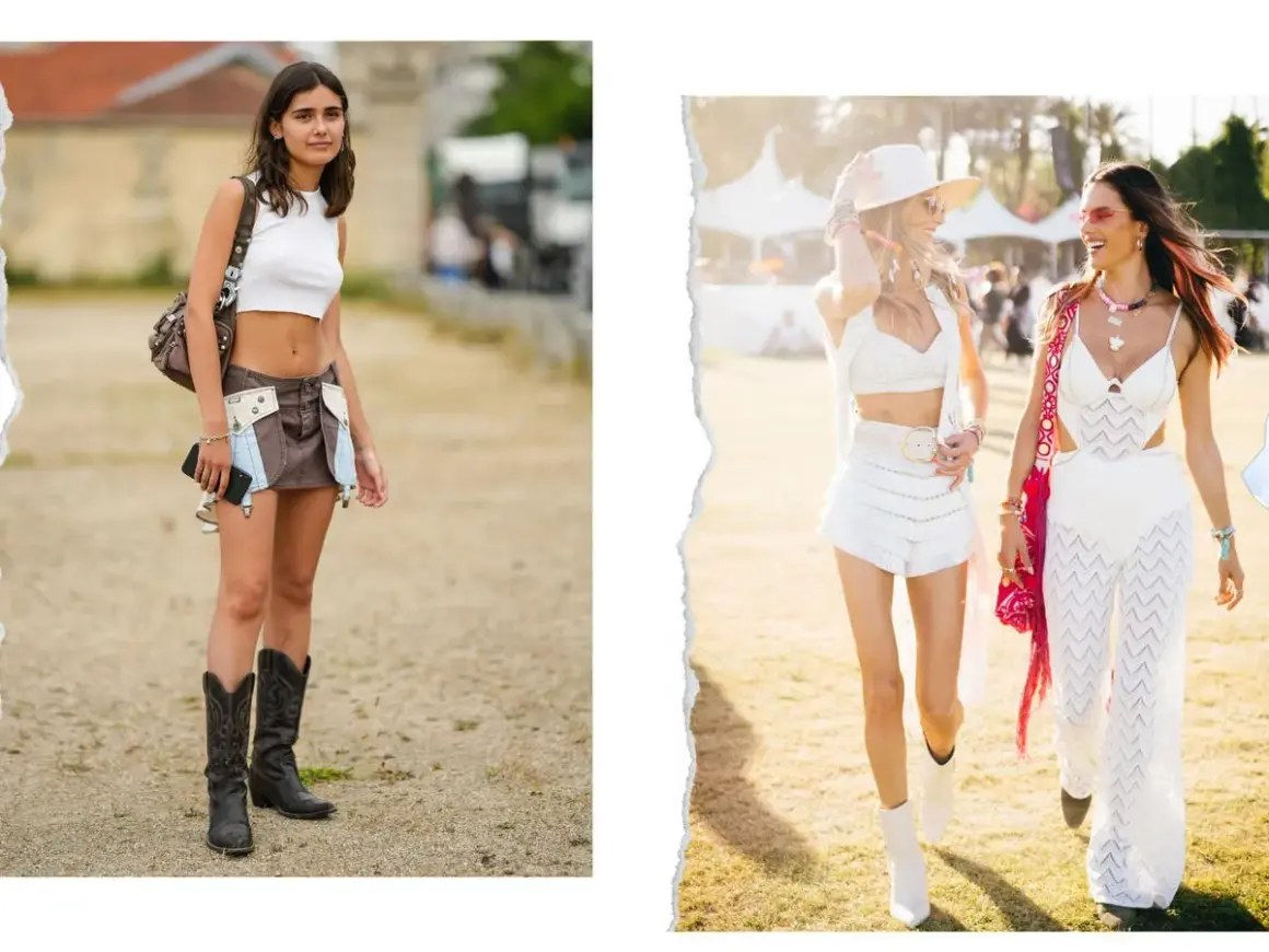Chicas disfrutan del look festival verano con botas vaqueras y atuendos blancos.
