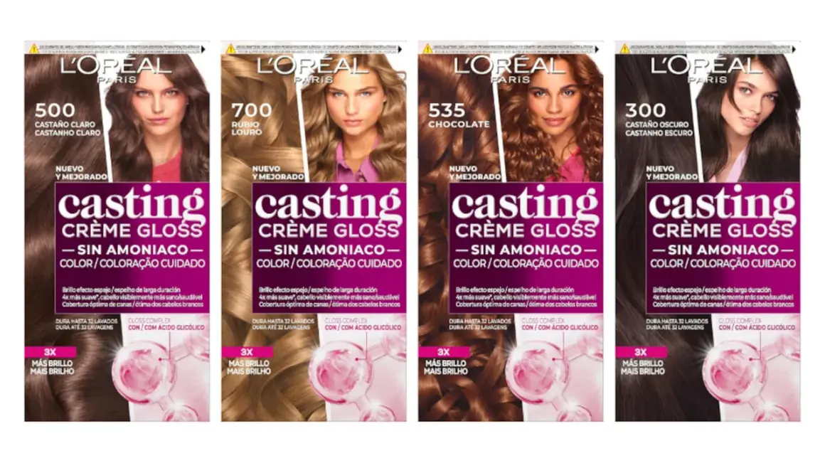 Cajas de tinte L'Oréal Casting Crème Gloss, un baño de color para canas sin amoniaco, con modelos de cabello castaño, rubio y chocolate.