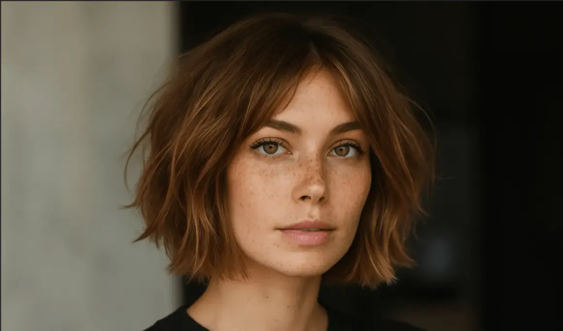 Mujer con pecas y un corte de pelo estilo "italian bob" despeinado, con tonos castaños.