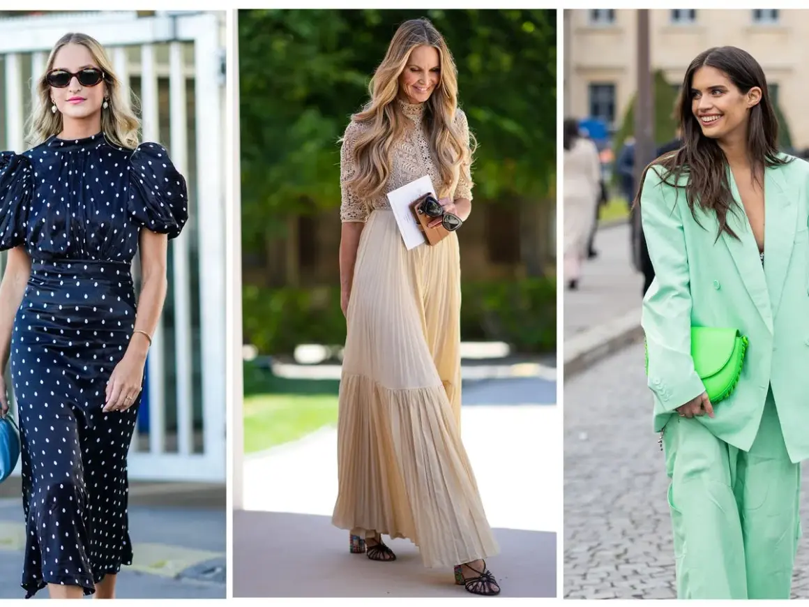 Tres mujeres lucen elegantes. La primera, un vestido de lunares. La segunda, un conjunto beige. La tercera, un traje verde menta. Inspiración para un outfit bautizo.