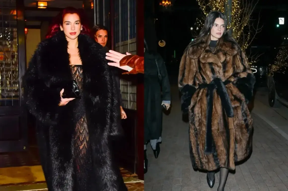 Dua Lipa y Kendall Jenner, con abrigos de pelo que evocan a una mob wife, salen de un evento.