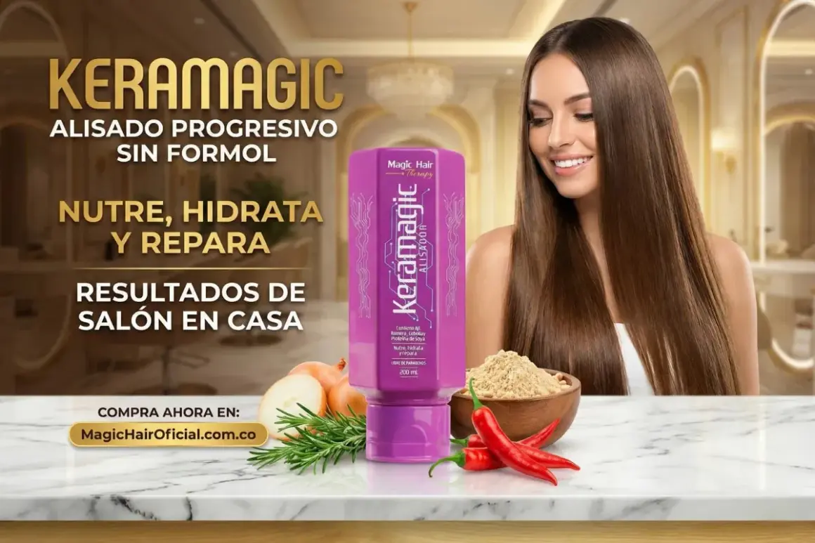 Mujer con cabello liso y brillante, producto Keramagic alisado keratina. Nutre, hidrata y repara para resultados de salón en casa.