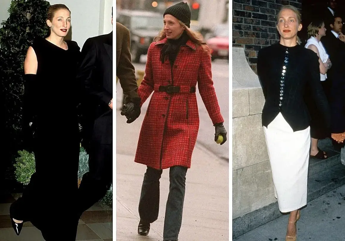 Carolyn Bessette-Kennedy luce elegante en tres atuendos: uno negro, uno rojo y otro blanco y negro.