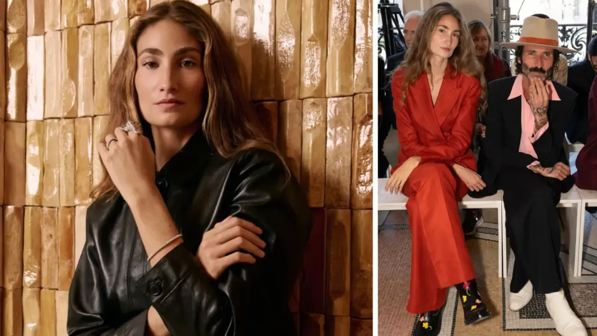 Almudena Cañedo, elegante en traje rojo, y un hombre con sombrero y traje negro, sentados en un evento.