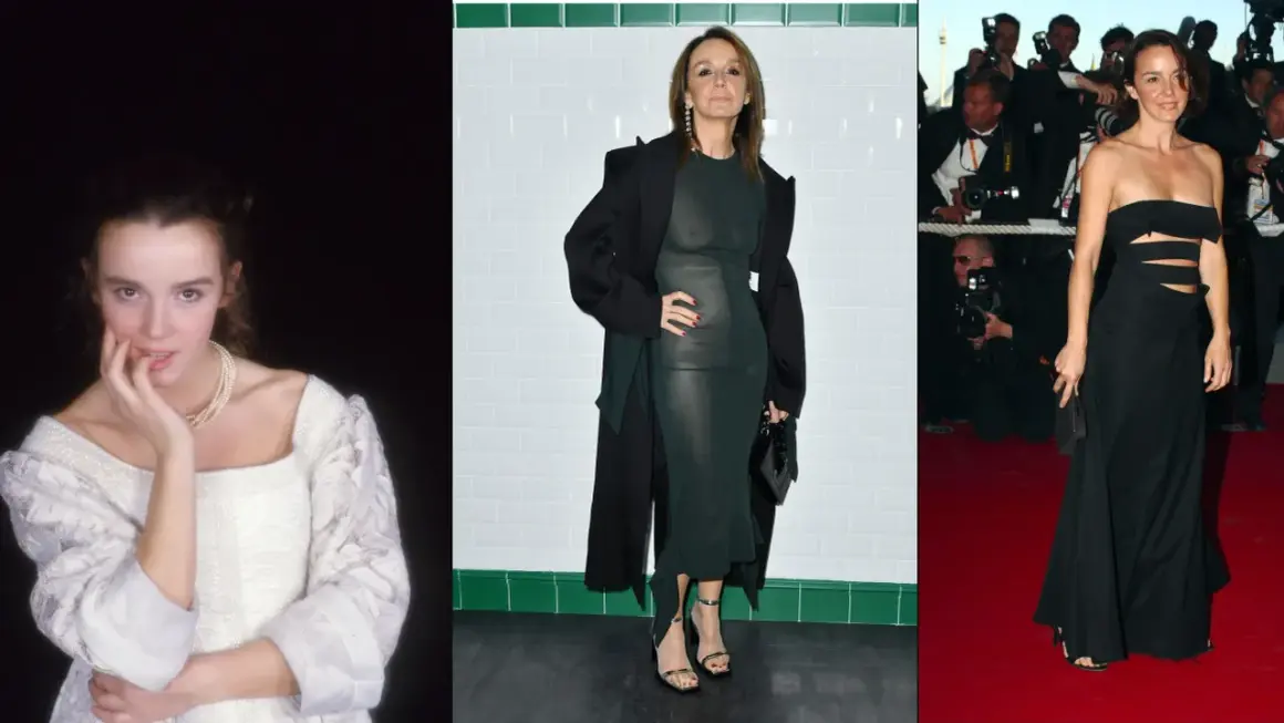 Philippine Leroy-Beaulieu en tres looks: juvenil con perlas, elegante con vestido verde y abrigo, y glamurosa con vestido negro en alfombra roja.