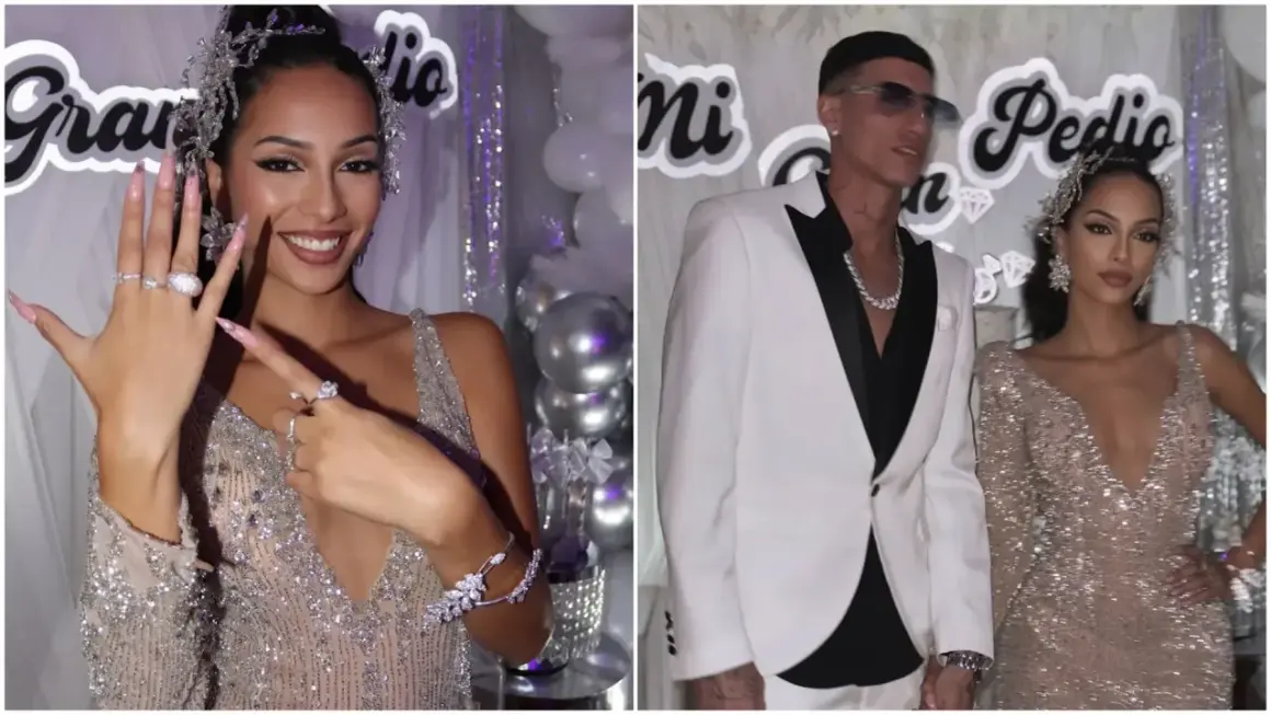 Alana, la hija del jeque, luce deslumbrante con joyas y un vestido brillante. A su lado, un hombre elegante con traje blanco.