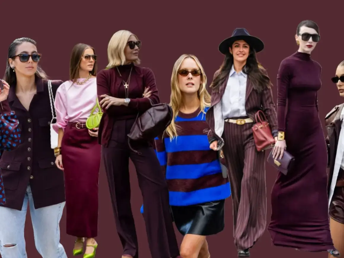 Modelos lucen atuendos elegantes en tonos **color burdeos**, desde trajes de raya diplomática hasta vestidos largos y faldas.