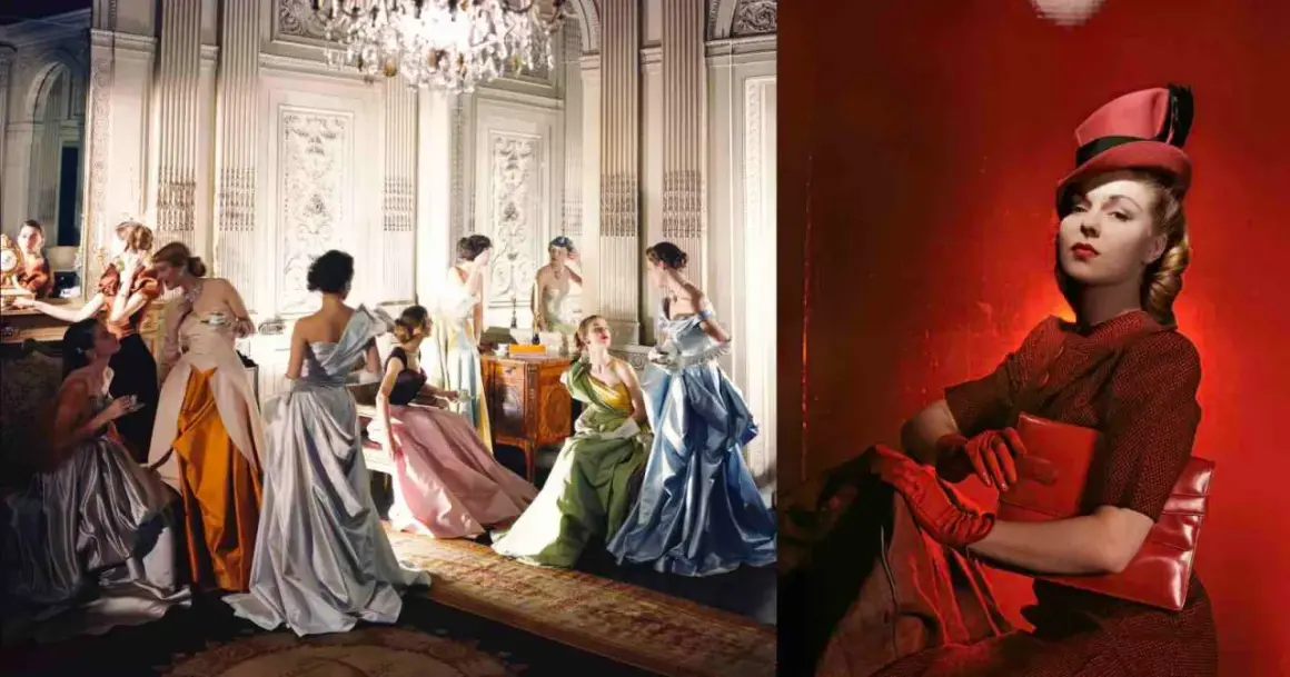Cecil Beaton captura la elegancia de mujeres con vestidos de gala en un salón y un retrato en rojo vibrante.