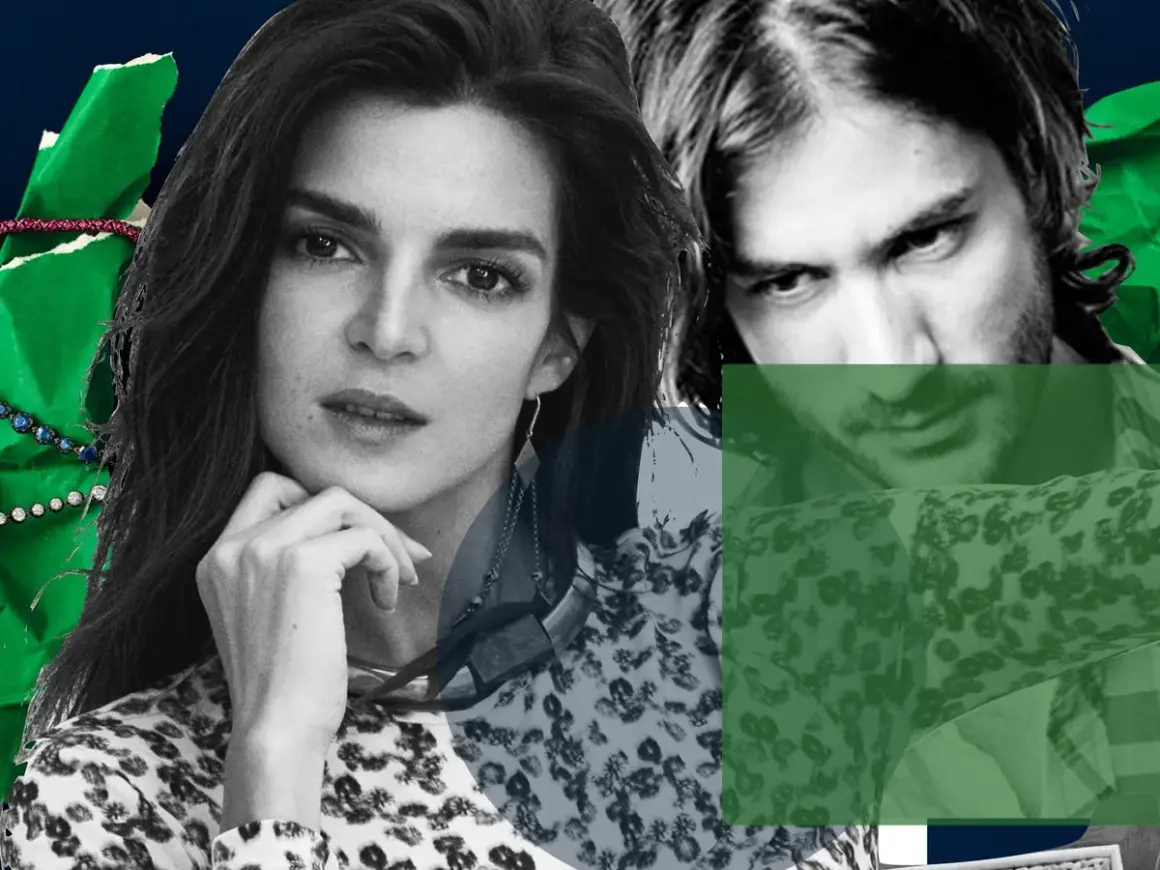 Clara Lago y su pareja, en un montaje artístico con detalles verdes y joyas.