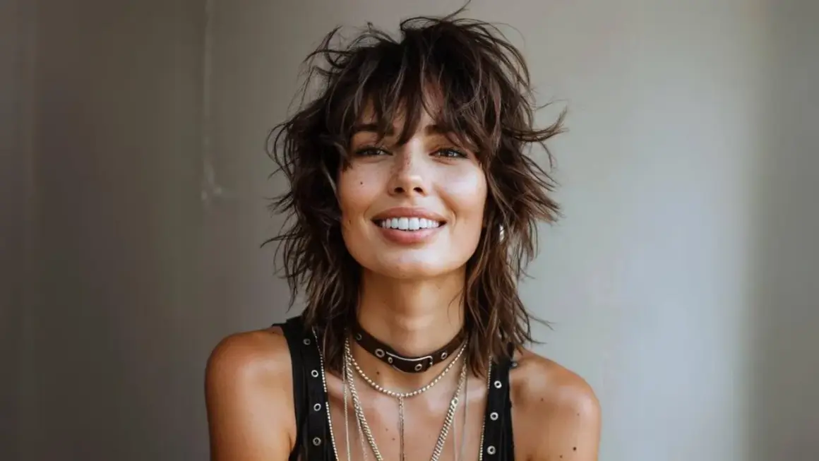 Mujer con un moderno corte mullet, flequillo desordenado y sonrisa radiante.